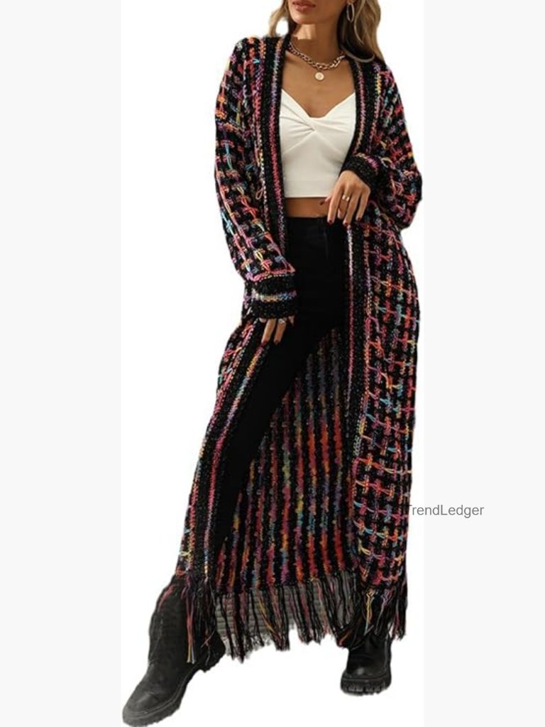 Oversized Cardigan Sweater Long Duster Fringed Tassels Open Front Boho